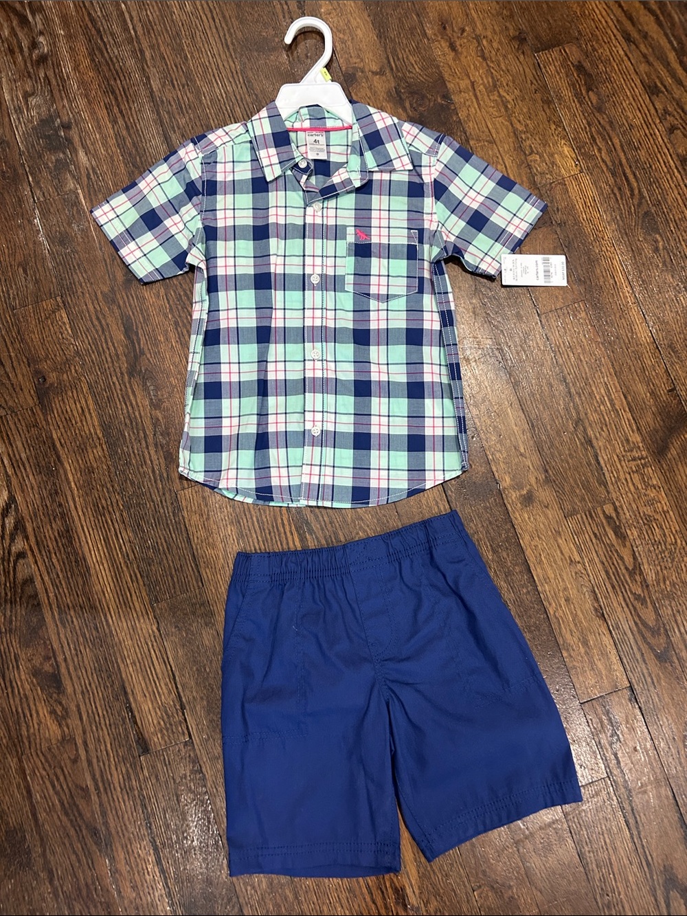 Cat & Jack Light Blue, Green & Navy Plaid Button-Down Set